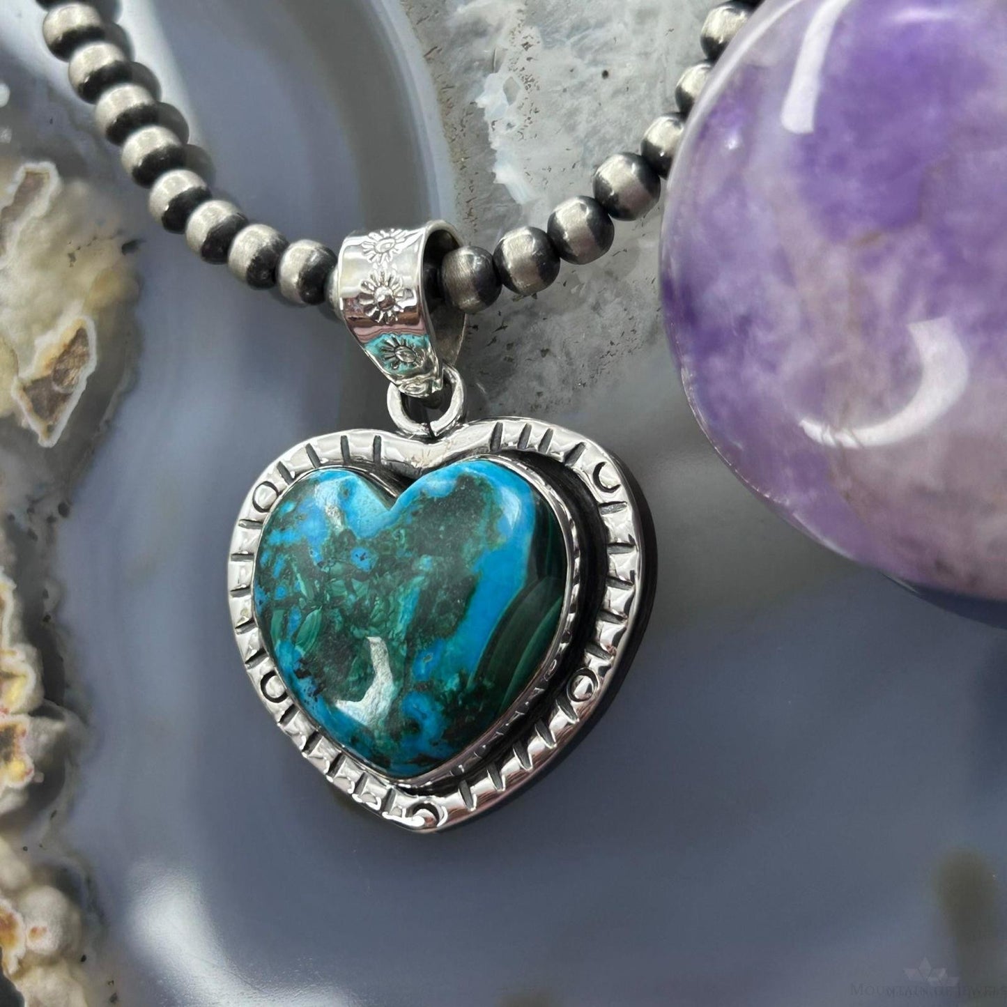 Sterling Silver Southwestern Style Azurite Malachite Heart Pendant For Women #1