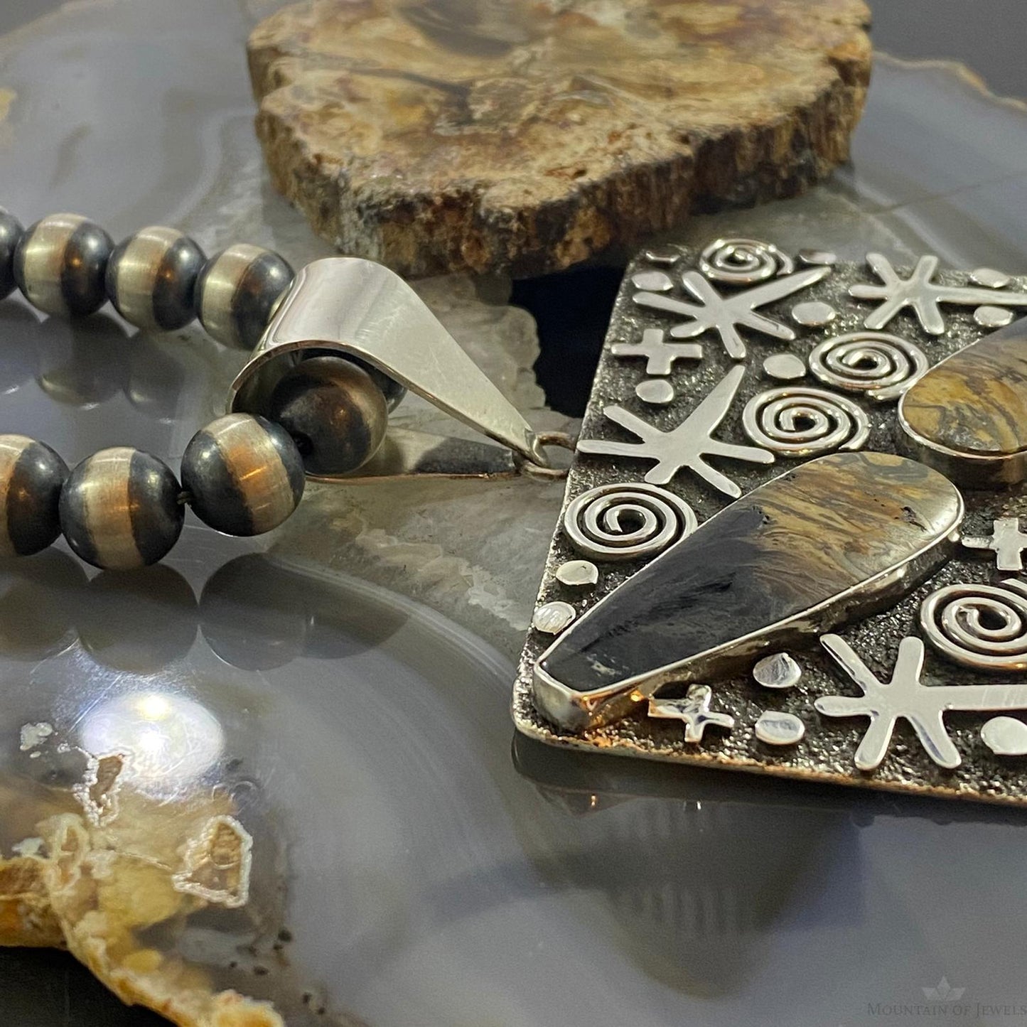 Alex Sanchez Native American Sterling Silver Teardrop Plum Root Jasper Rectangle Petroglyph Pendant