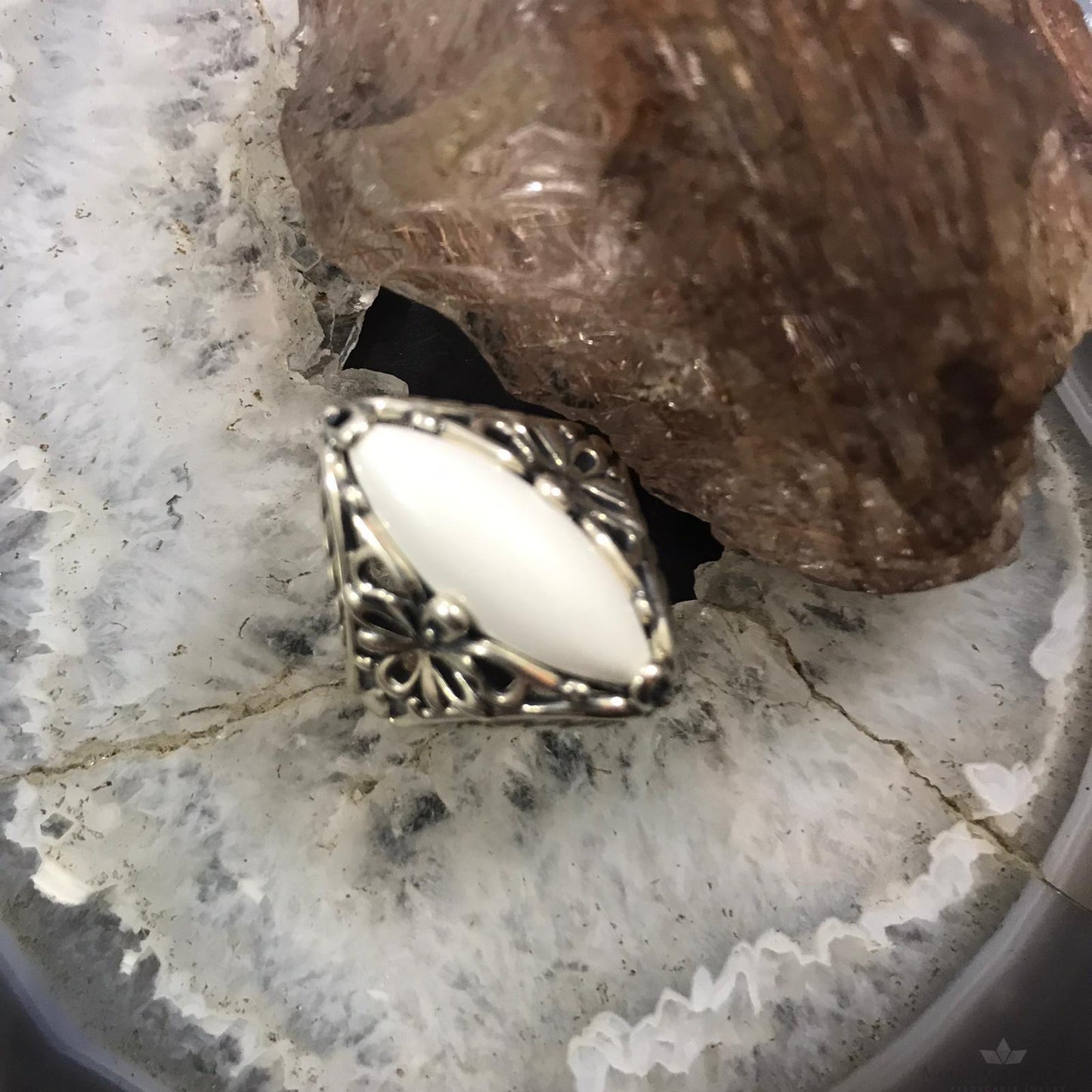 Carolyn Pollack Sterling Silver Marquise White Jasper Decorated Ring Size 8.25 For Women