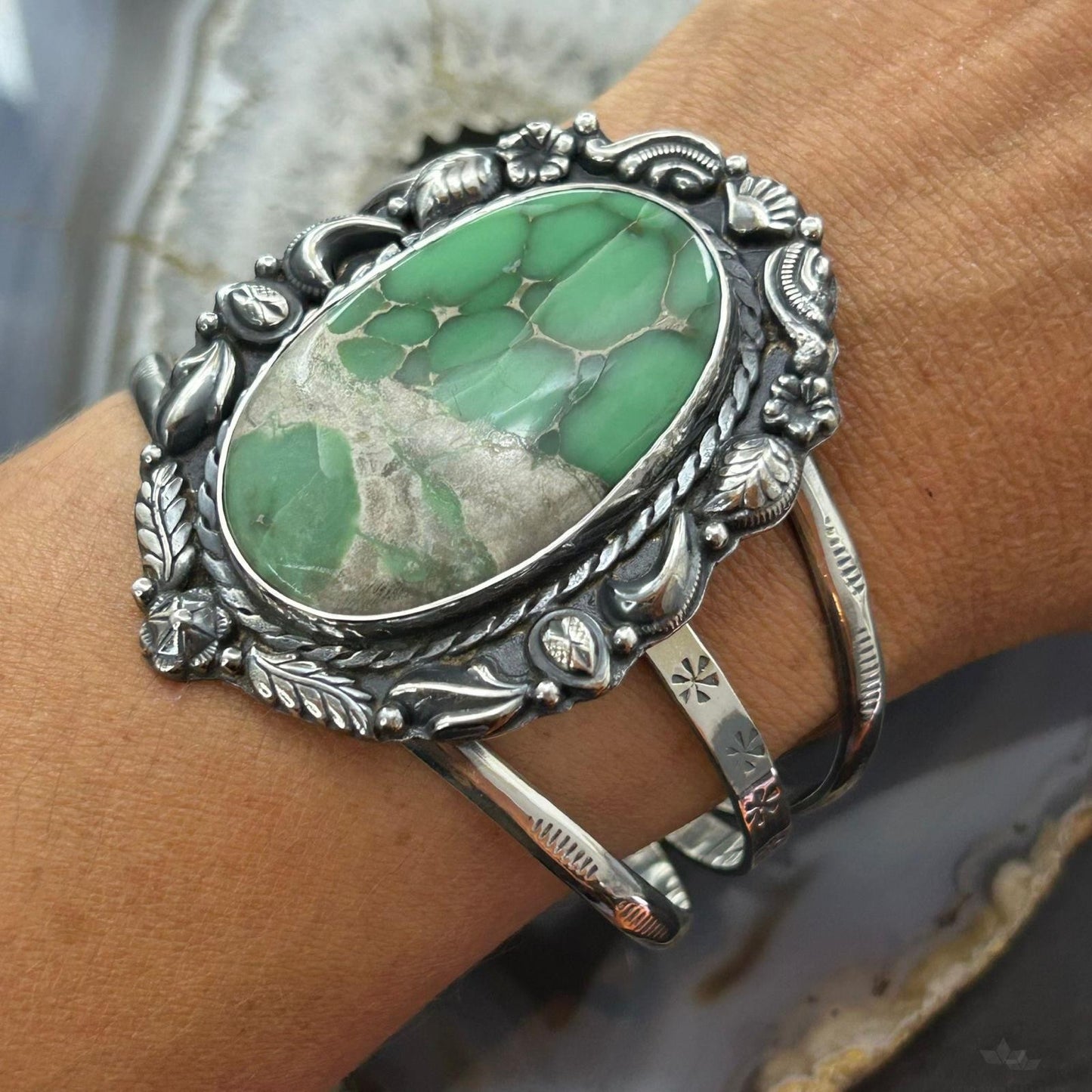 Sterling Silver Southwestern Style Large Oval Variscite Decorated Bracelet For Women #1