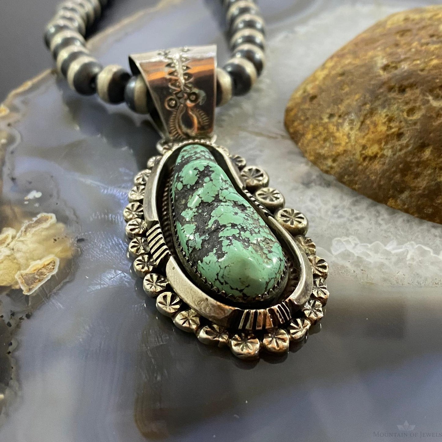 Native American Sterling Silver Green Kingman Turquoise Decorated Pendant