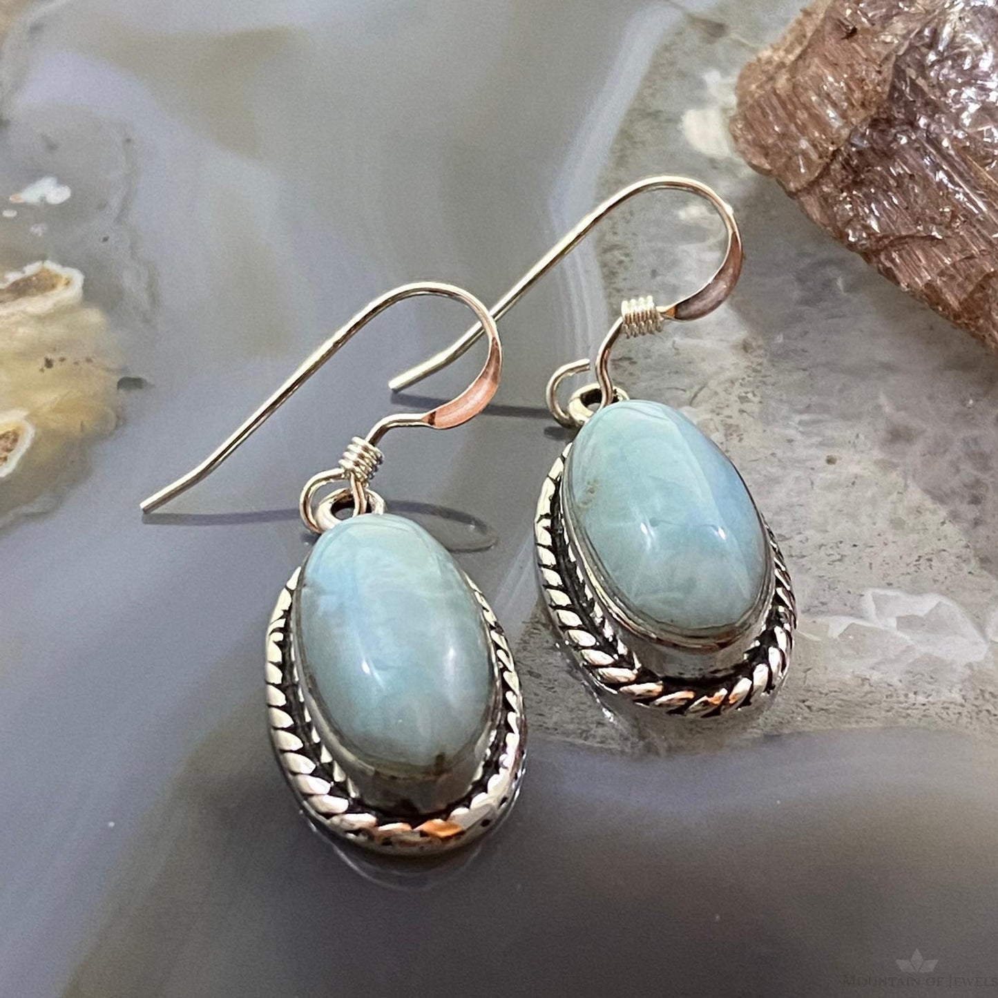 Native American Sterling Silver Oval Larimar Dangle Earrings For Women