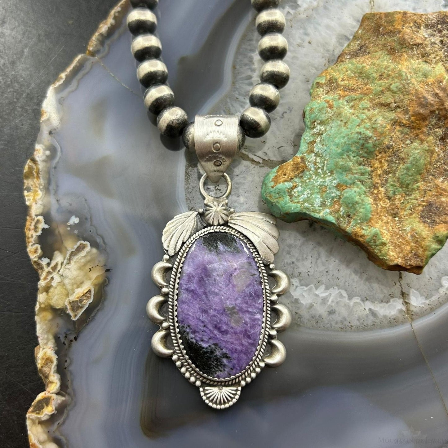 Sterling Silver Southwestern Style Oval Charoite Decorated Pendant For Women