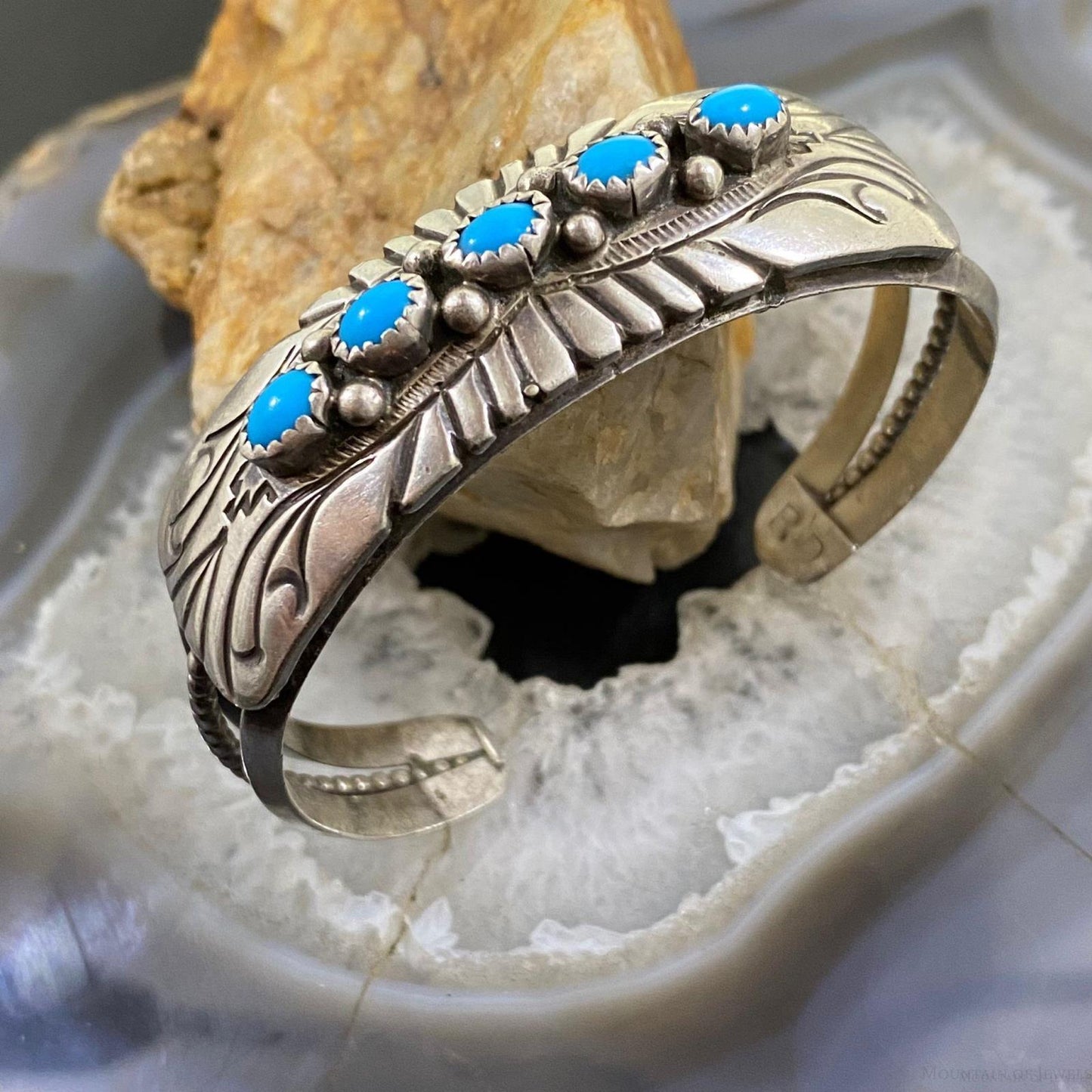 Vintage Native American Silver Turquoise Row Stamped Overlay Cuff For Women