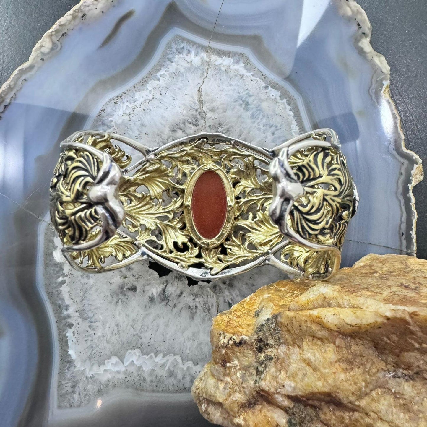Carolyn Pollack Sterling Silver & Brass Oval Carnelian Decorated Bracelet For Women