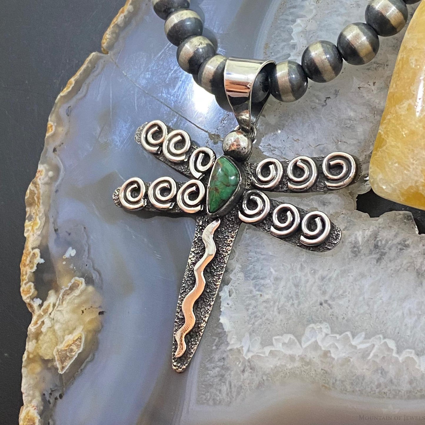 Alex Sanchez Sterling Silver Petroglyph & Turquoise Dragonfly Unisex Pendant #2