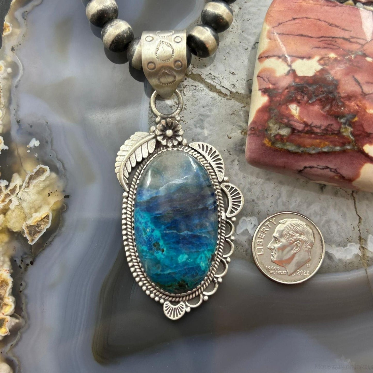 Sterling Silver Southwestern Style Elongated Shattuckite Decorated Pendant For Women