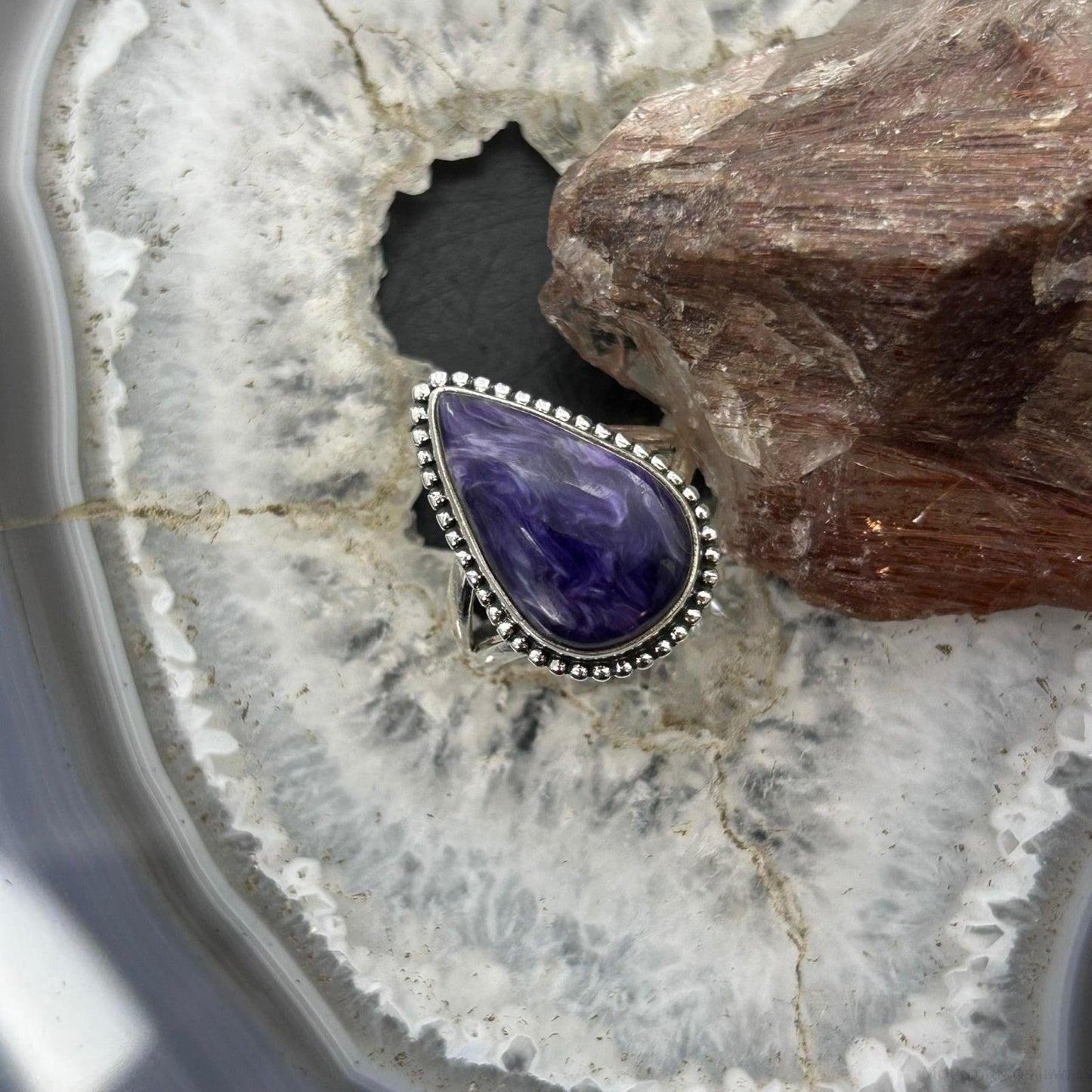 Sterling Silver Southwestern Style Teardrop Charoite Ring Size 8.5 For Women