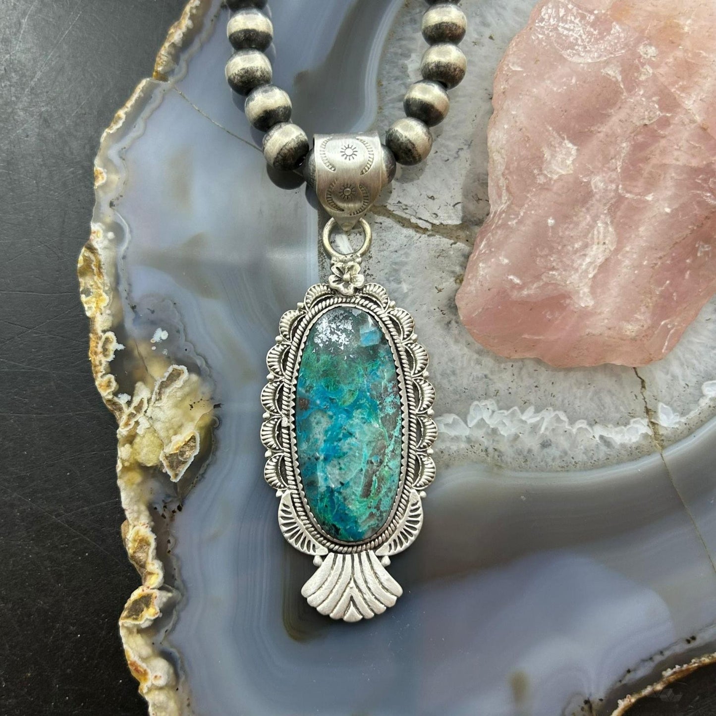 Sterling Silver Southwestern Style Oval Shattuckite Decorated Pendant For Women