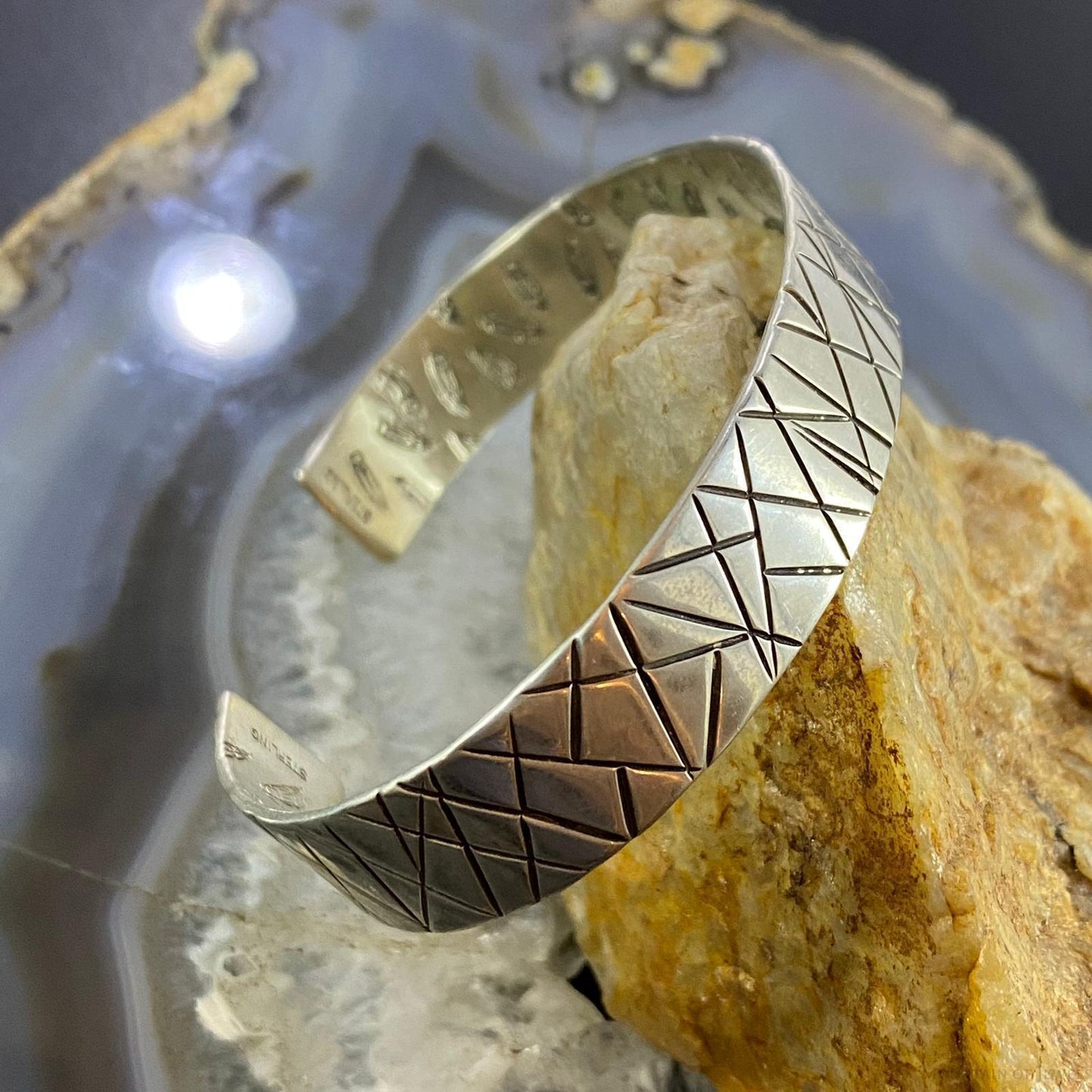 Native American Sterling Silver Geometric Patterns Engraved Unisex Bracelet