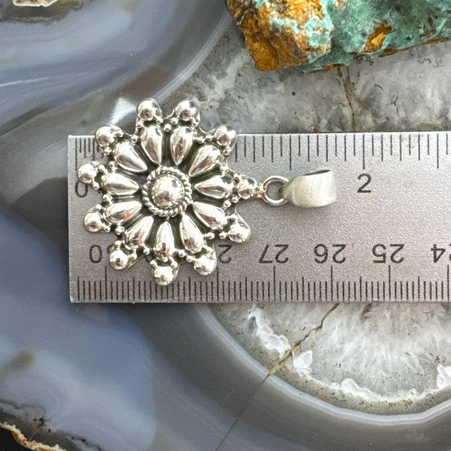 Southwestern Style Sterling Silver Decorated Cluster Floral Pendant For Women