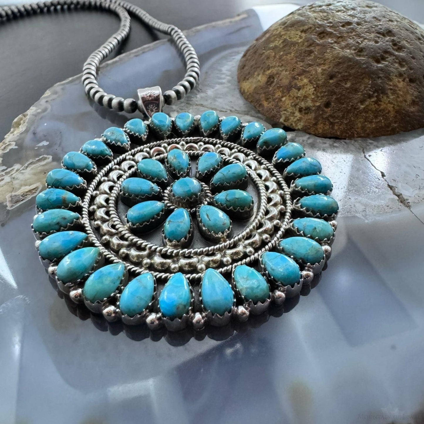 Sterling Silver Southwestern Style Turquoise Decorated Round Cluster Pendant For Women