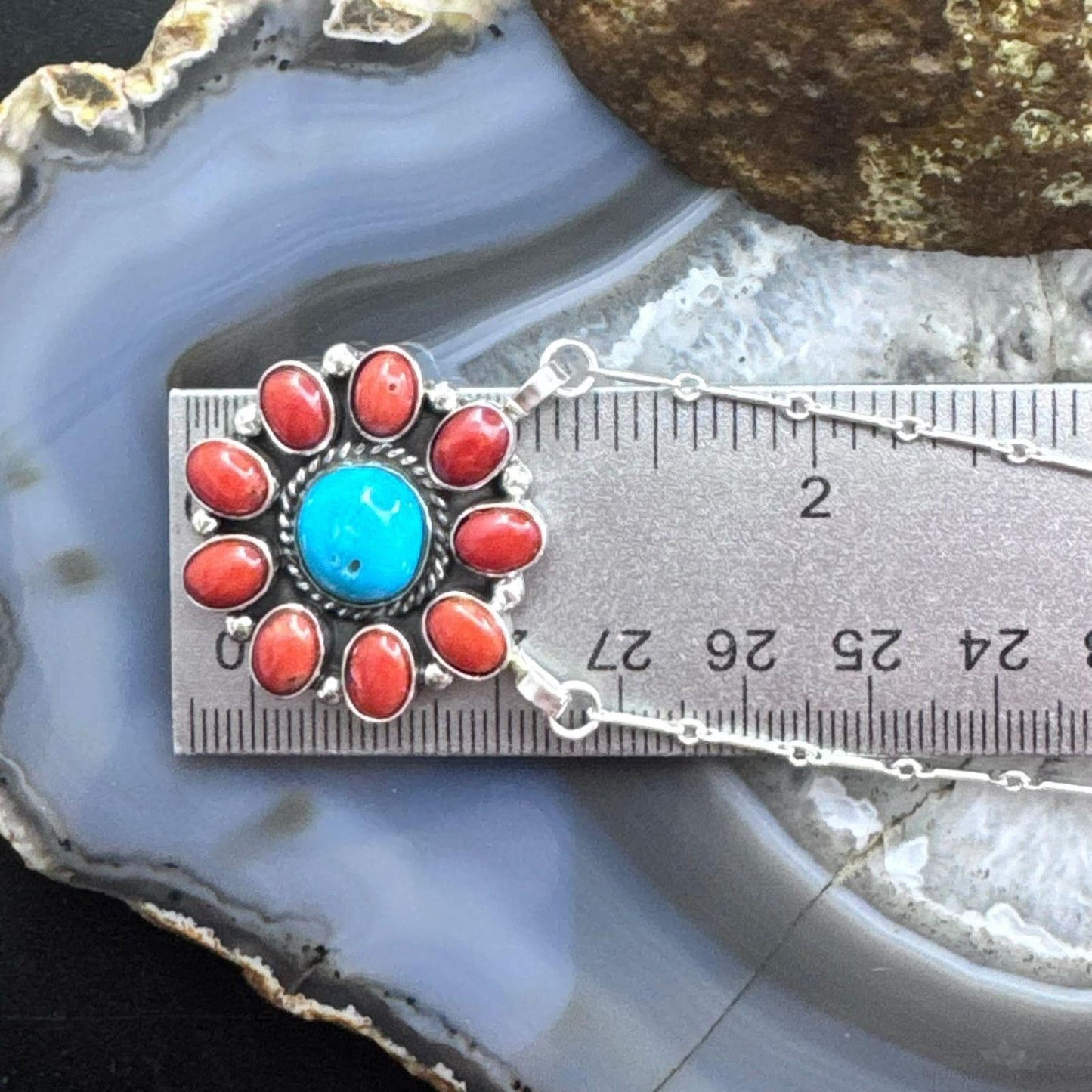 Native American Sterling Silver Round Turquoise W/Oval Coral Cluster Pendant W/Necklace For Women