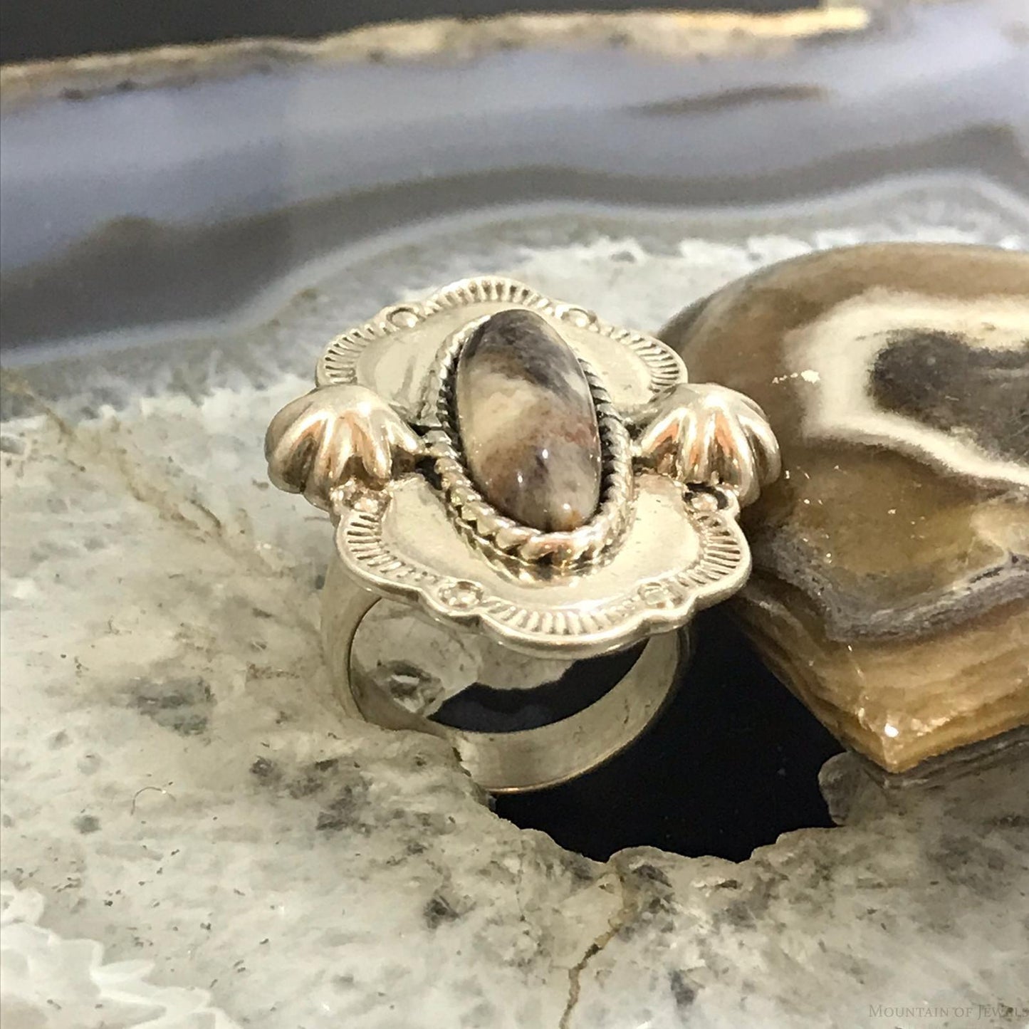 Carolyn Pollack Sterling Silver Marquise Jasper Decorated Ring Size 6 For Women