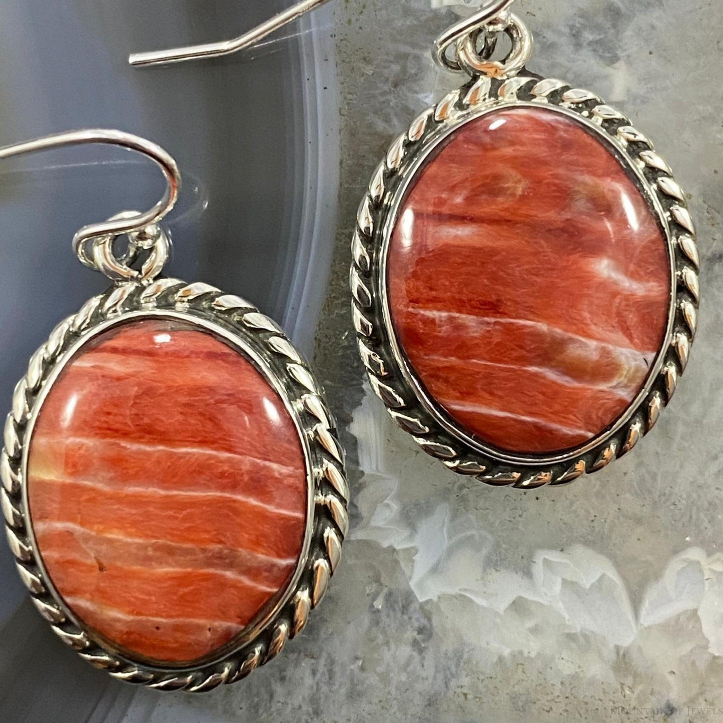 Native American Sterling Silver Oval Spiny Oyster Dangle Earrings For Women #1