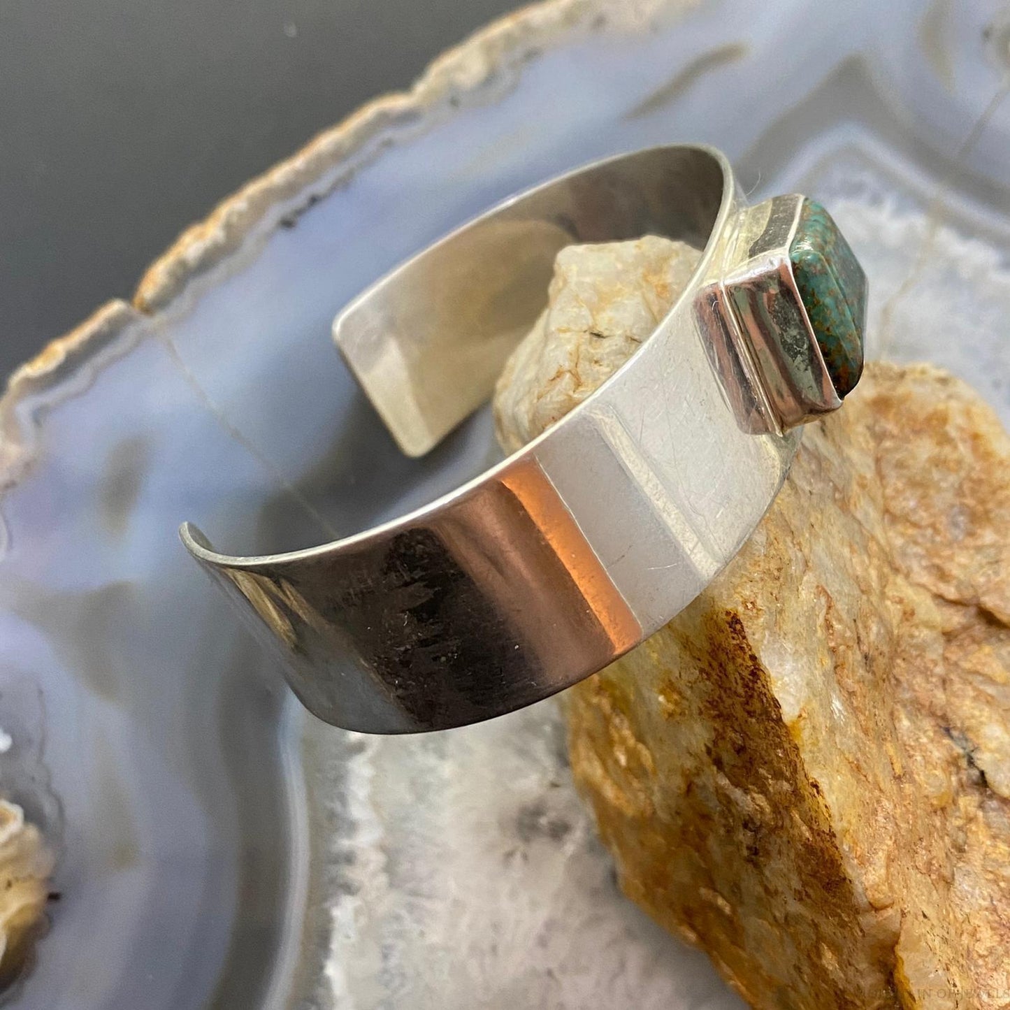 Vintage Signed Native American Sterling Silver Trapeze Turquoise Bracelet