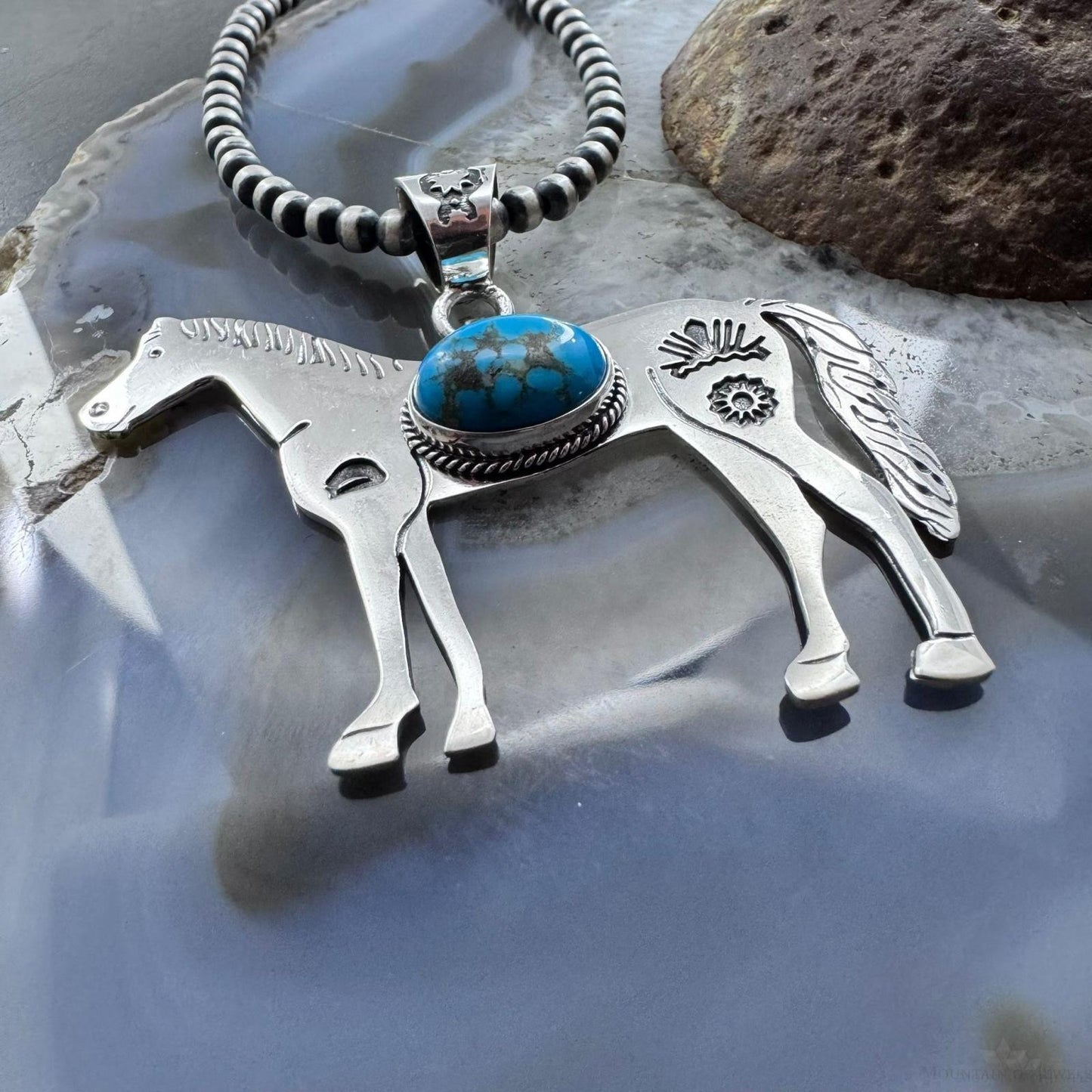 Sterling Silver Turquoise Stamped Indigenous Symbols Horse Unisex Pendant