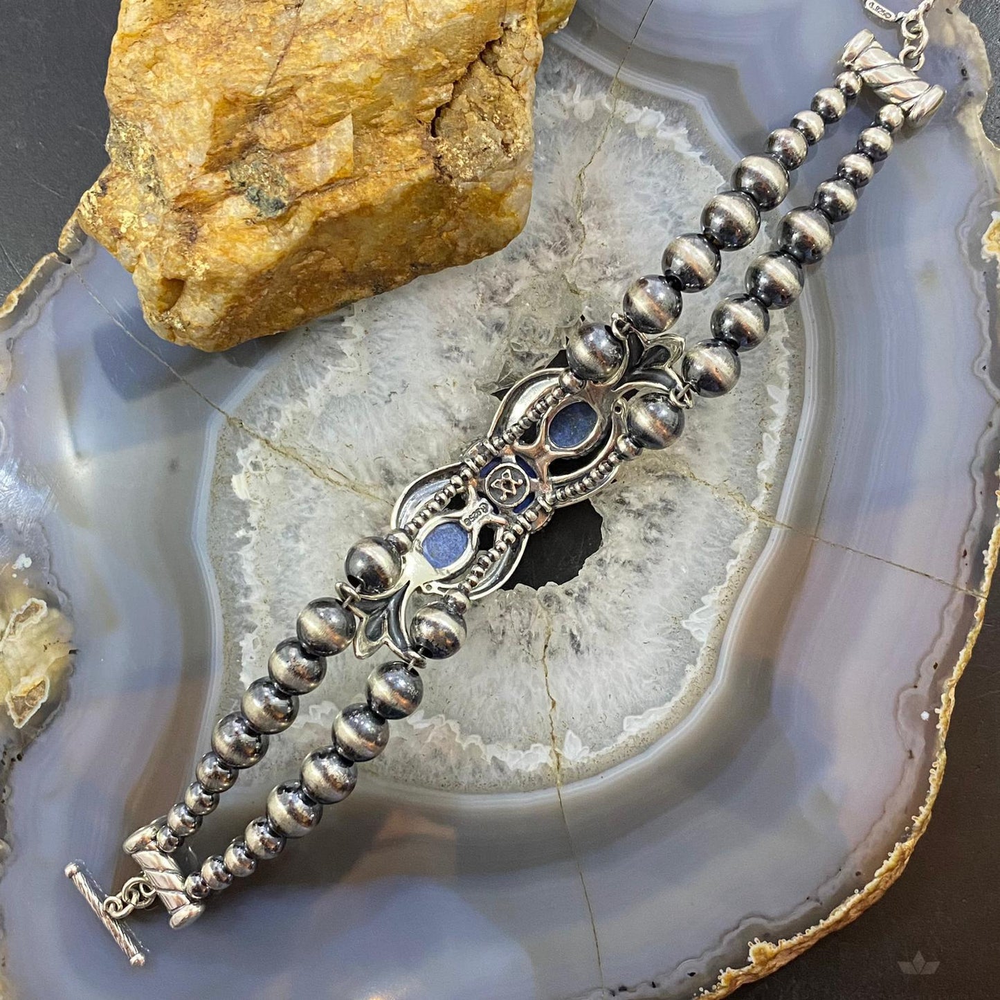 Carolyn Pollack Sterling Silver Navajo Pearl Bead 3 Denim Lapis Link Bracelet For Women
