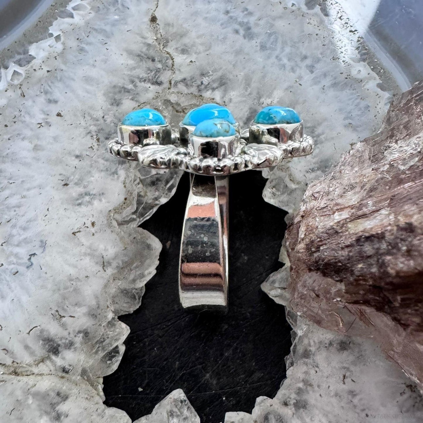 Sterling Silver Southwestern Style Composite Turquoise Cluster Adjustable Ring For Women