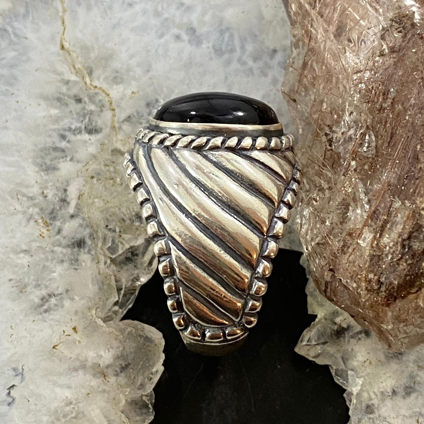 Carolyn Pollack Southwestern Style Sterling Silver Oval Black Onyx Decorated Shield Ring For Women