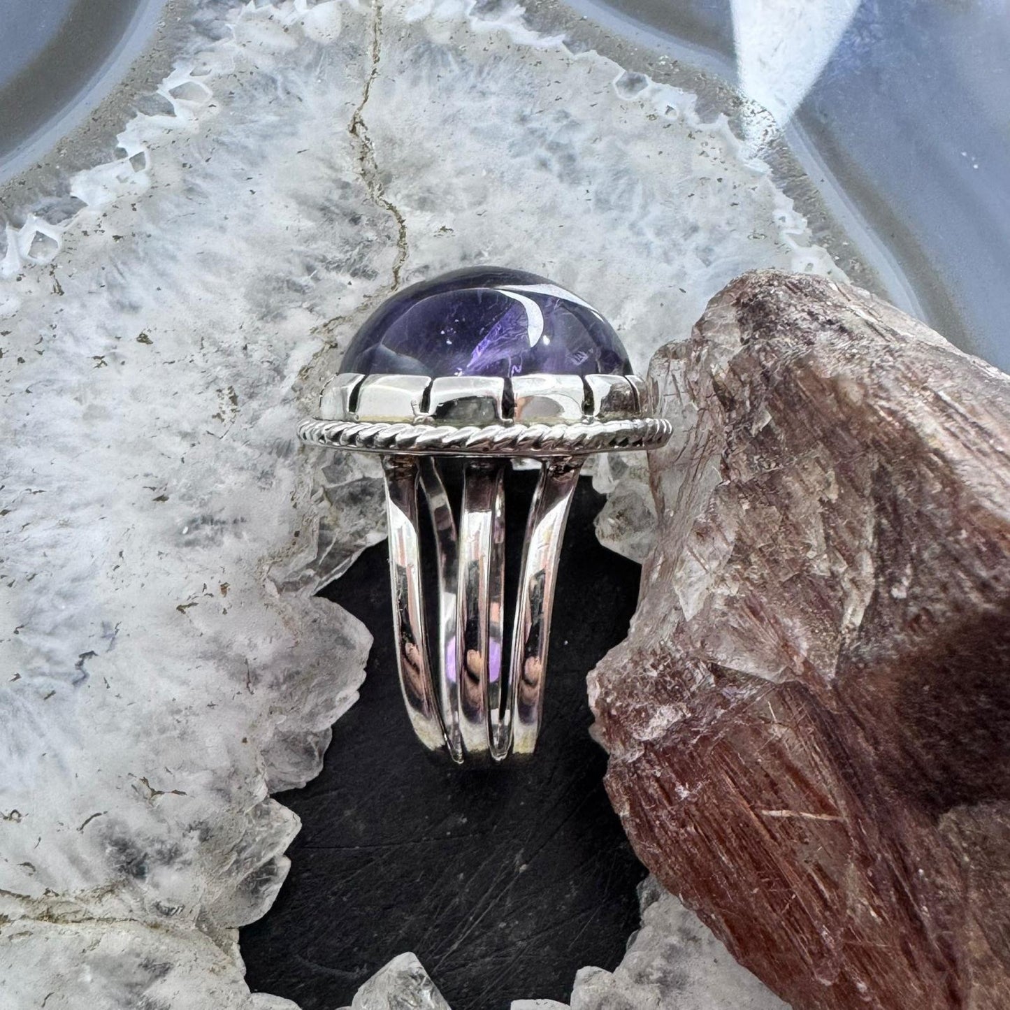 Sterling Silver Southwestern Style Round Amethyst Decorated Ring Size 8.75 For Women