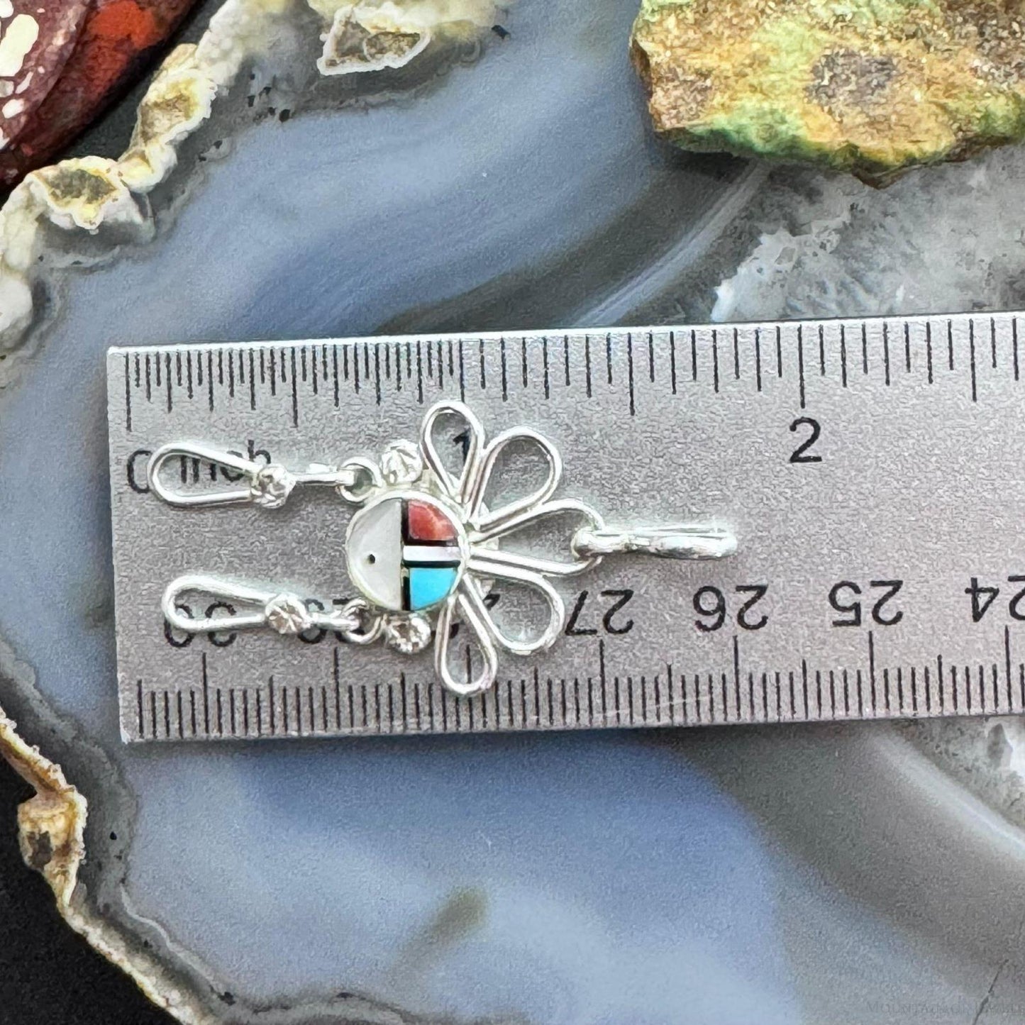 Ola Eriacho Zuni Sterling Silver Multistone Inlay Sunburst Pendant For Women