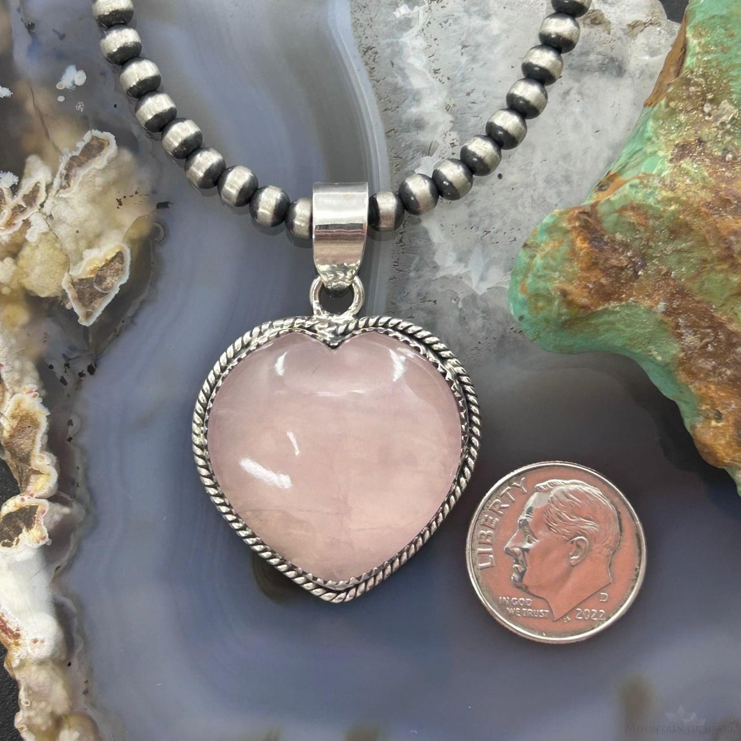 Sterling Silver Southwestern Style Rose Quartz Heart Pendant For Women