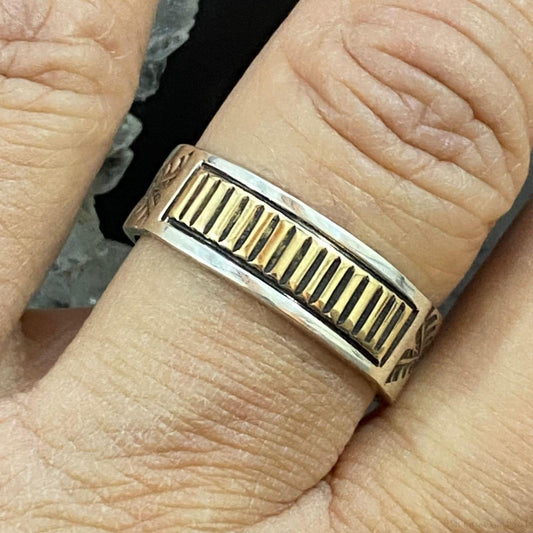 Native American Sterling Silver & 14K Yellow Gold Stripes Ring Size 11.5 For Men