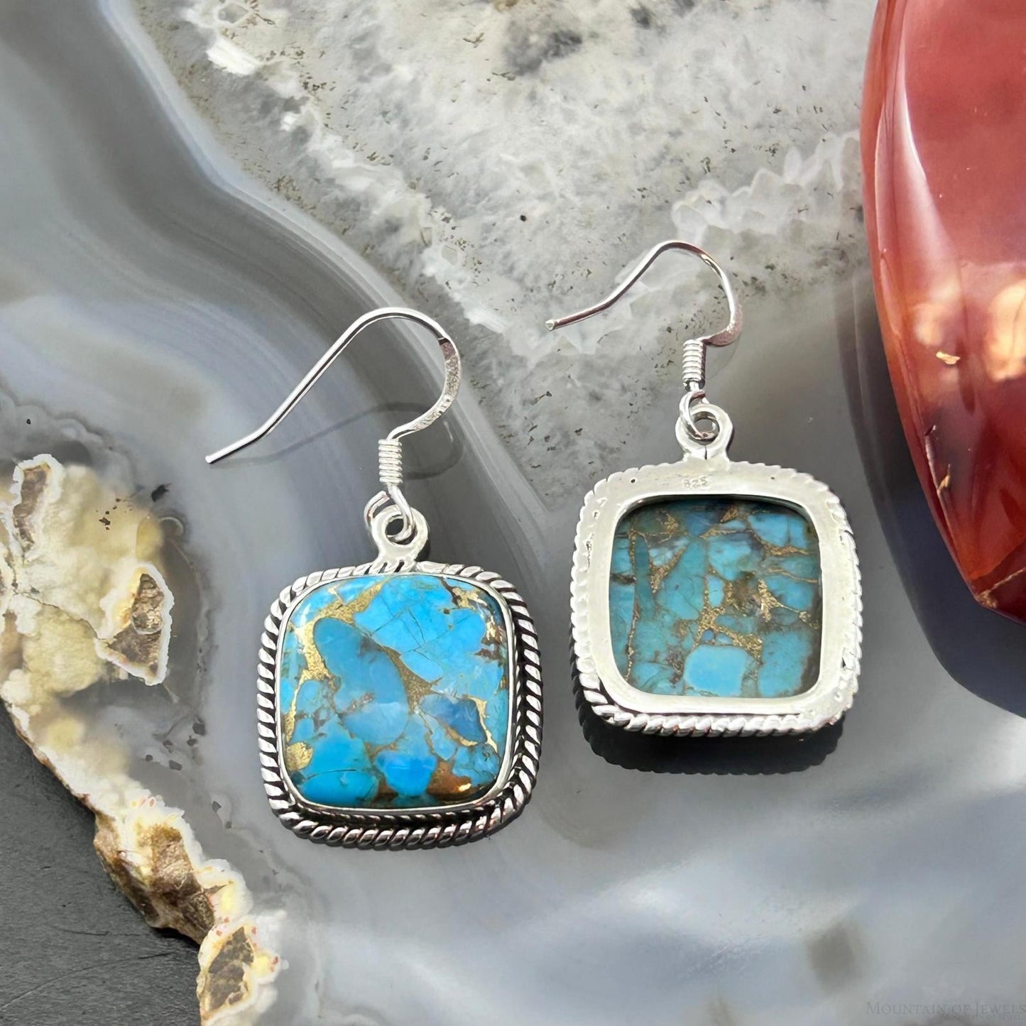 Sterling Silver Southwestern Style Blue Copper Turquoise Dangle Earrings For Women