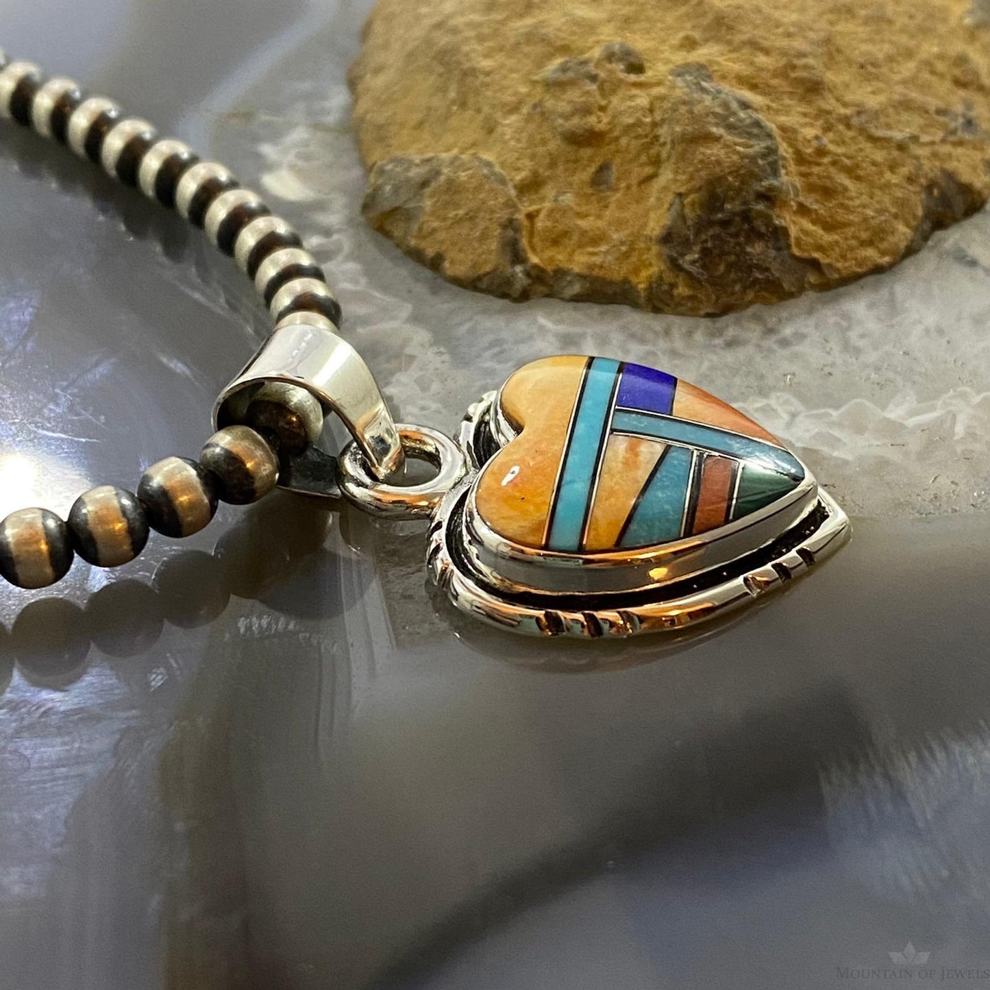 Native American Sterling Silver Heart Shape Multi Stone Inlay Pendant For Women