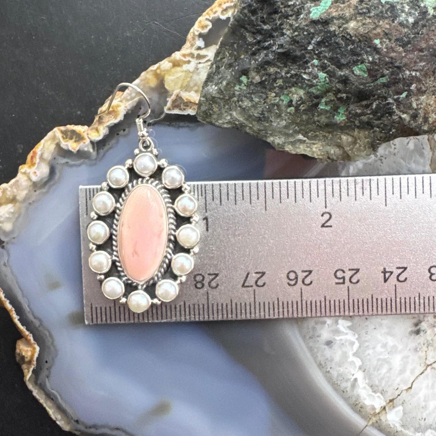 Native American Sterling Silver Oval Pink Conch w/Gray Pearls Dangle Earrings For Women