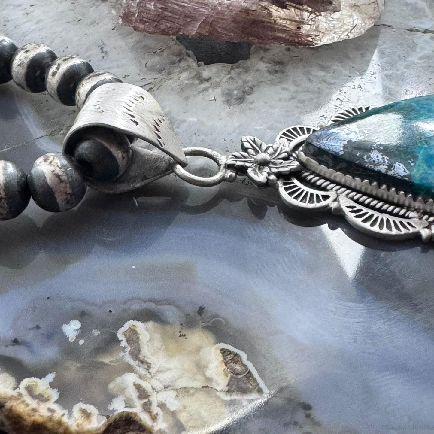 Sterling Silver Southwestern Style Elongated Teardrop Shattuckite Decorated Pendant For Women