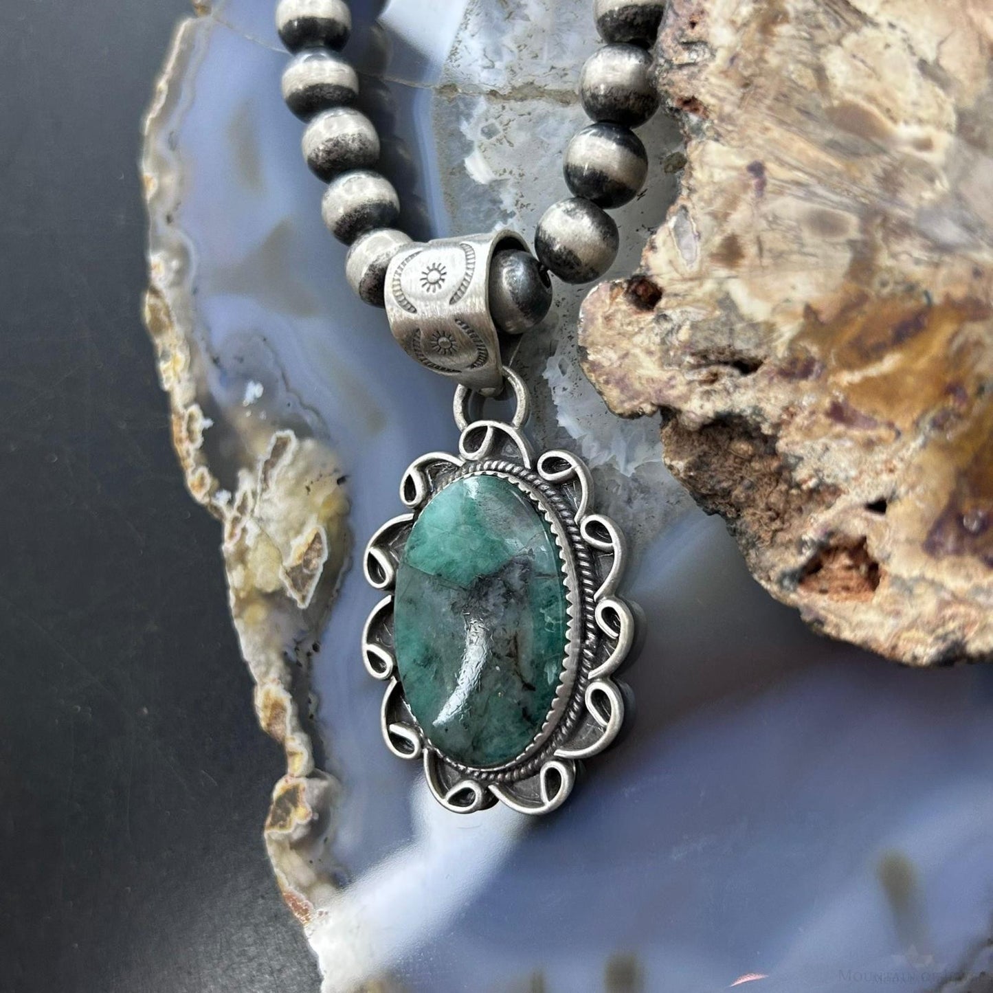 Sterling Silver Southwestern Style Oval Emerald Decorated Pendant For Women