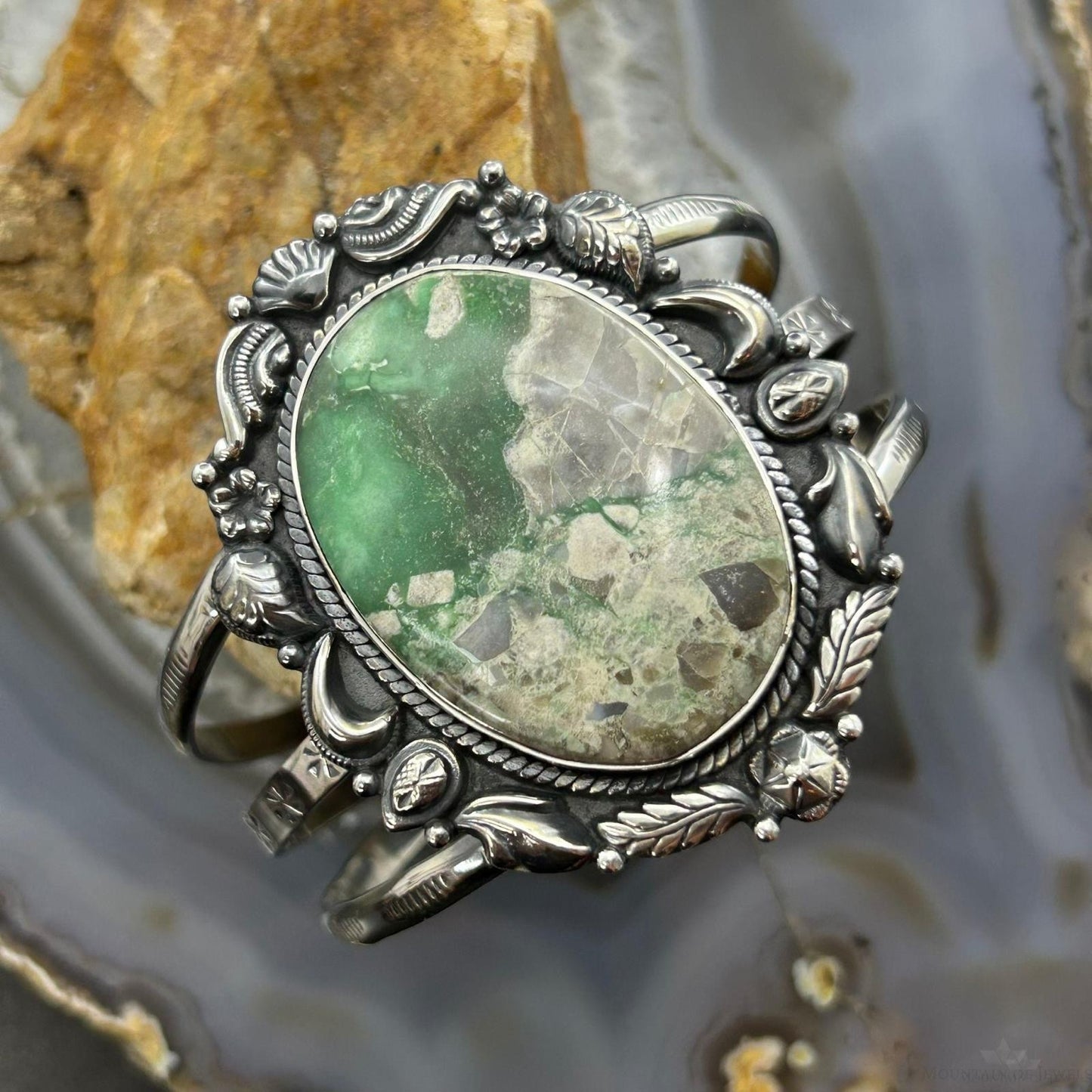 Sterling Silver Southwestern Style Large Oval Variscite Decorated Bracelet For Women