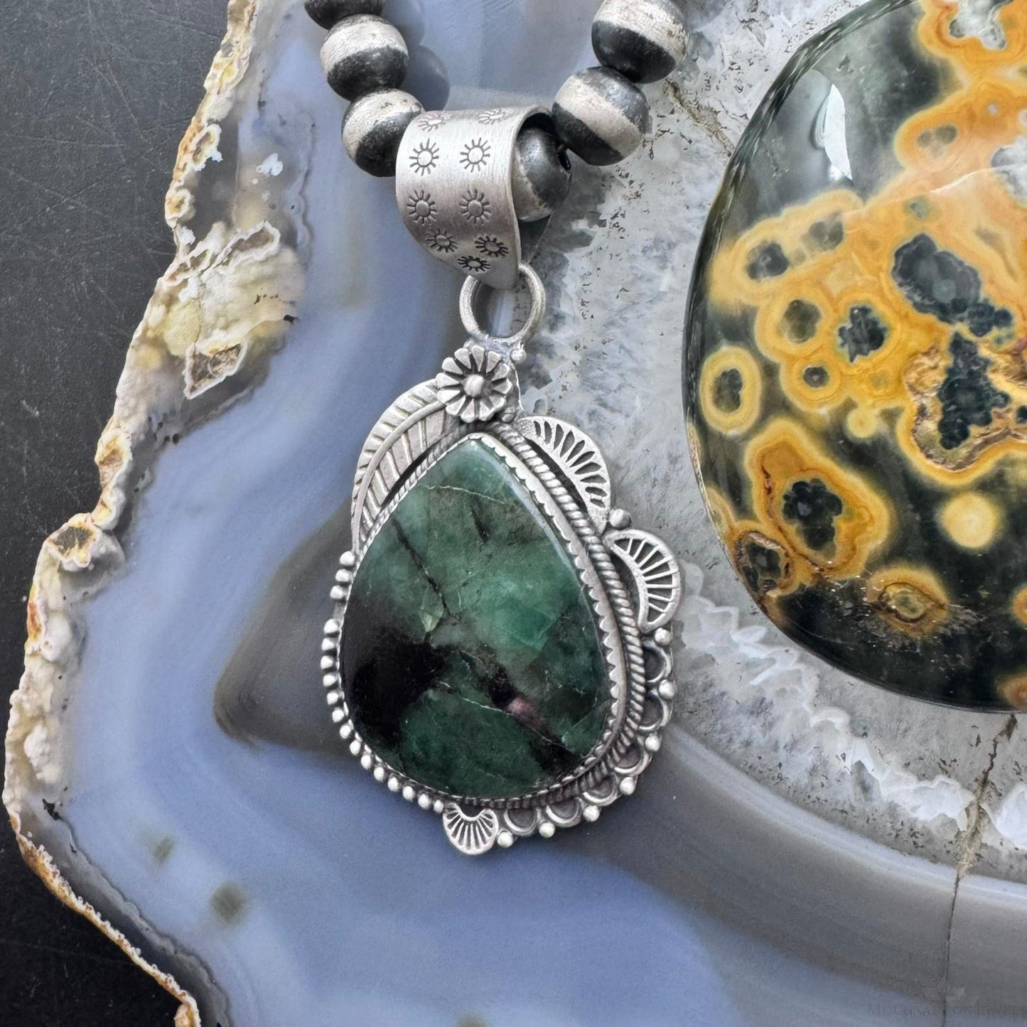 Sterling Silver Southwestern Style Teardrop Emerald Decorated Pendant For Women