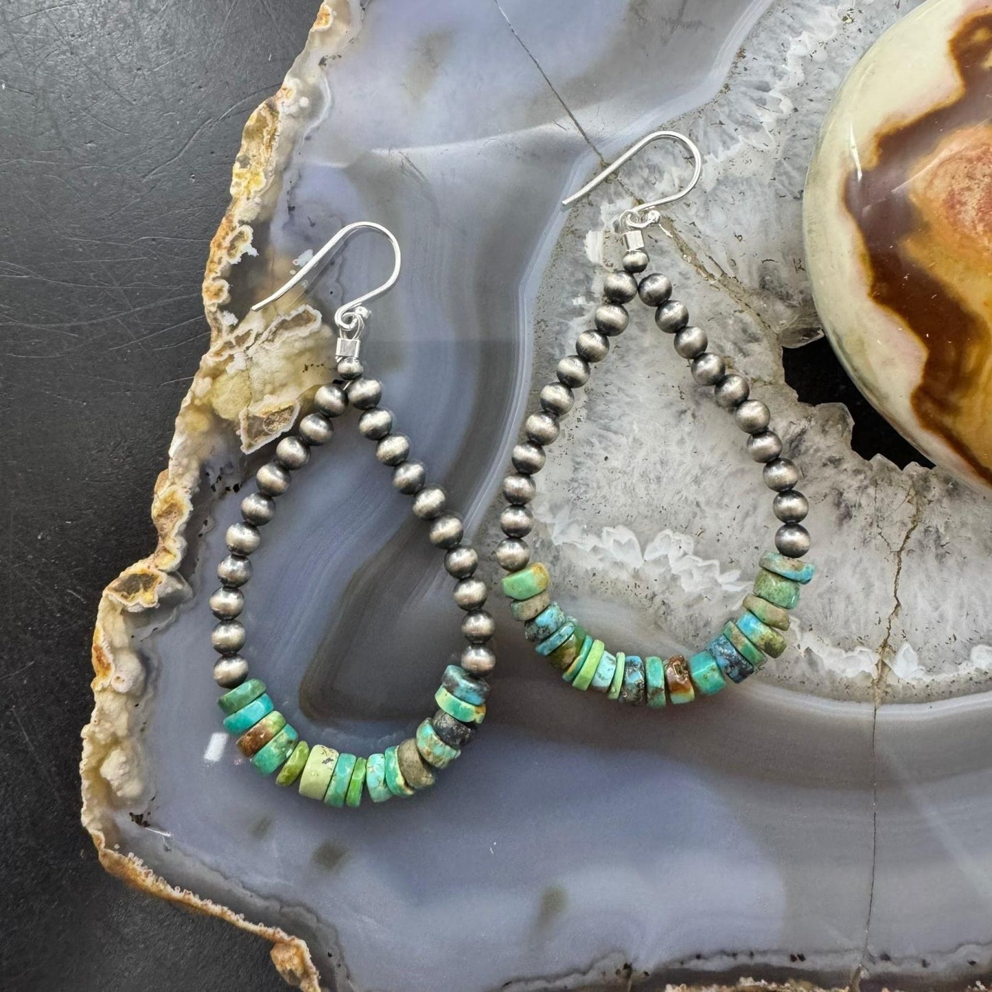 Sterling Silver Navajo Pearl Southwester Style & Turquoise Bead Hoop Earrings For Women