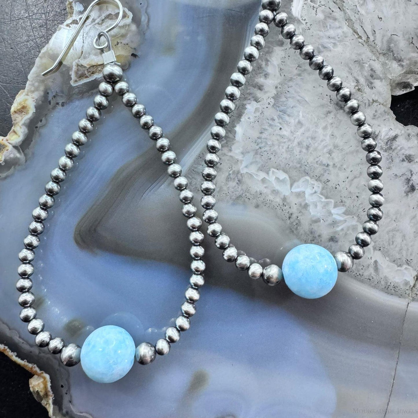 Native American Sterling Silver Navajo Beads with Larimar Bead Hoop Earrings For Women