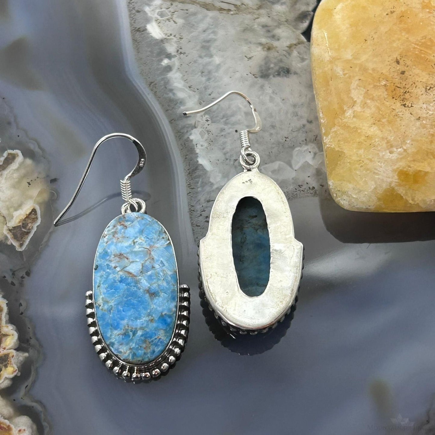Sterling Silver Southwestern Style Oval Blue Apatite Dangle Earrings For Women