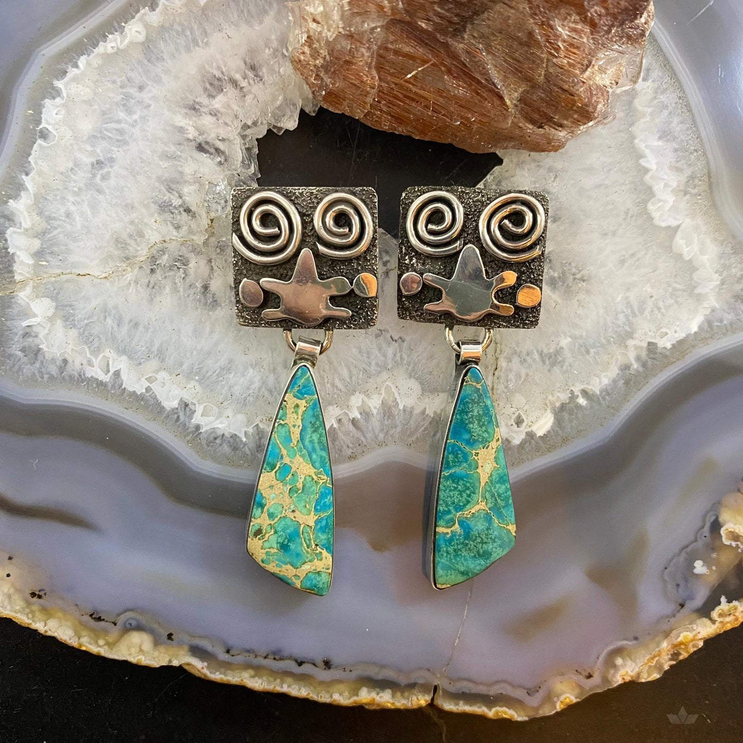 Alex Sanchez Native American Sterling Silver Blue Sediment Petroglyph Dangle Earrings For Women