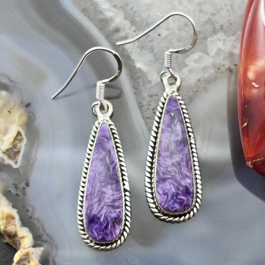 Sterling Silver Southwestern Style Teardrop Charoite Dangle Earrings For Women
