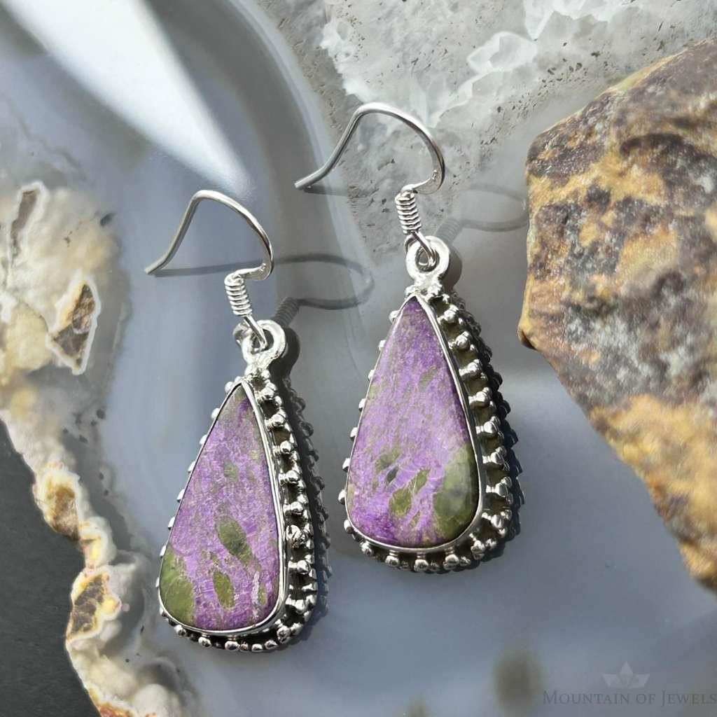 Sterling Silver Southwestern Style Teardrop Stichtite Dangle Earrings For Women