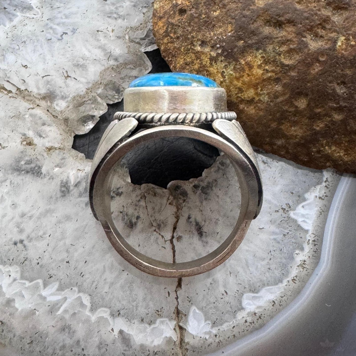 Native American Sterling Silver Oval Blue Ridge Turquoise Shield Ring Size 11 For Men