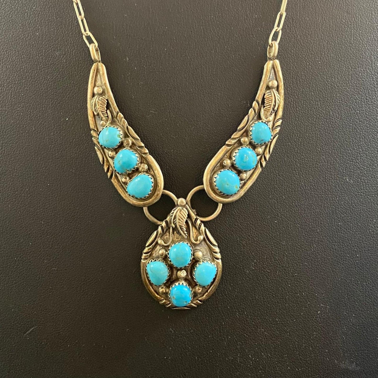 Vintage Native American Sterling Sleeping Beauty Turquoise Cluster 16" Necklace