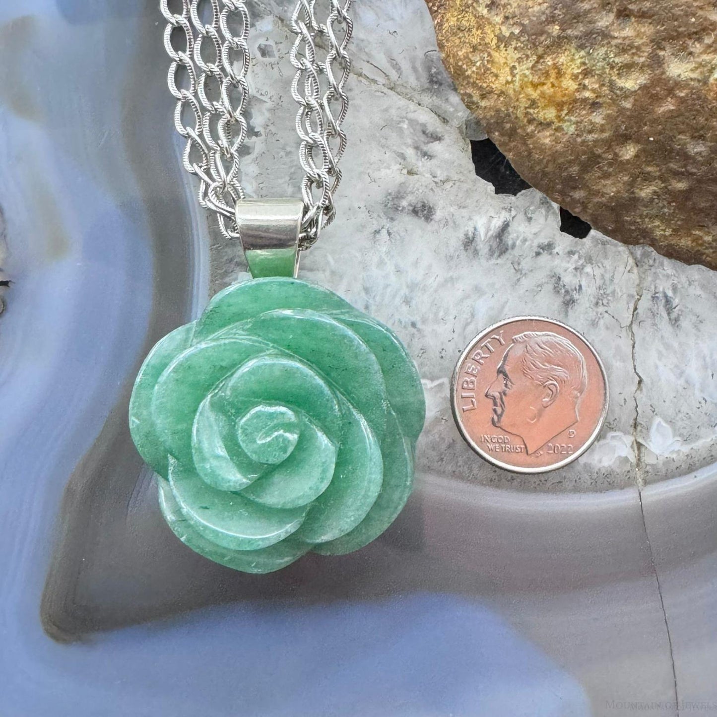 Carolyn Pollack Sterling Carved Green Aventurine Rose Pendant W/Chain Necklace For Women