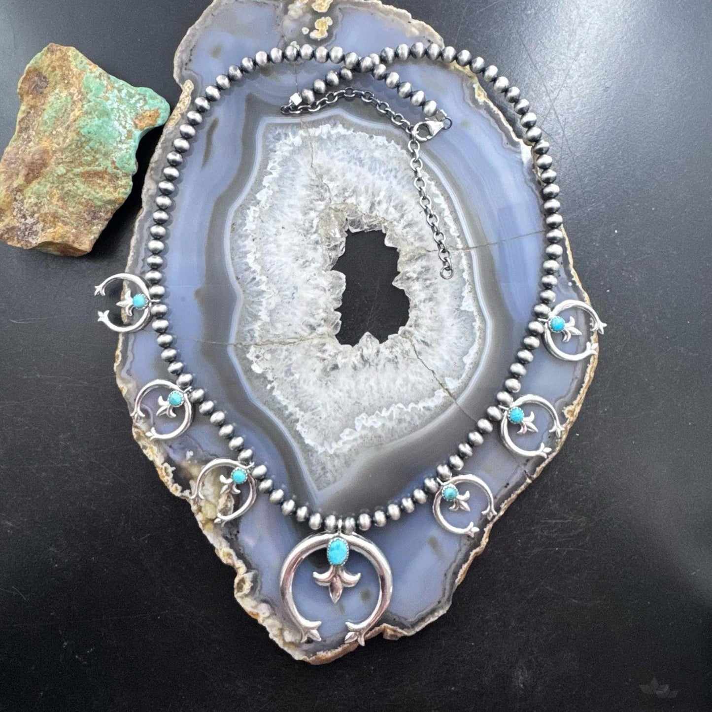Sterling Silver Southwestern Style Naja w/Turquoise Squash Blossom 20" - 22" Necklace For Women