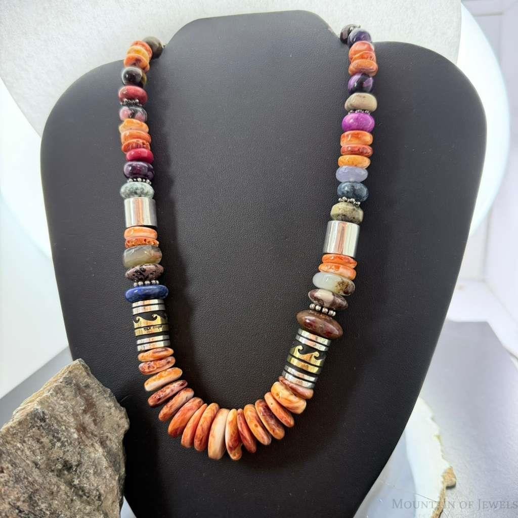 Tommy & Rosita Singer Sterling Silver Spiny Oyster & Multistone Beads 20" Necklace For Women