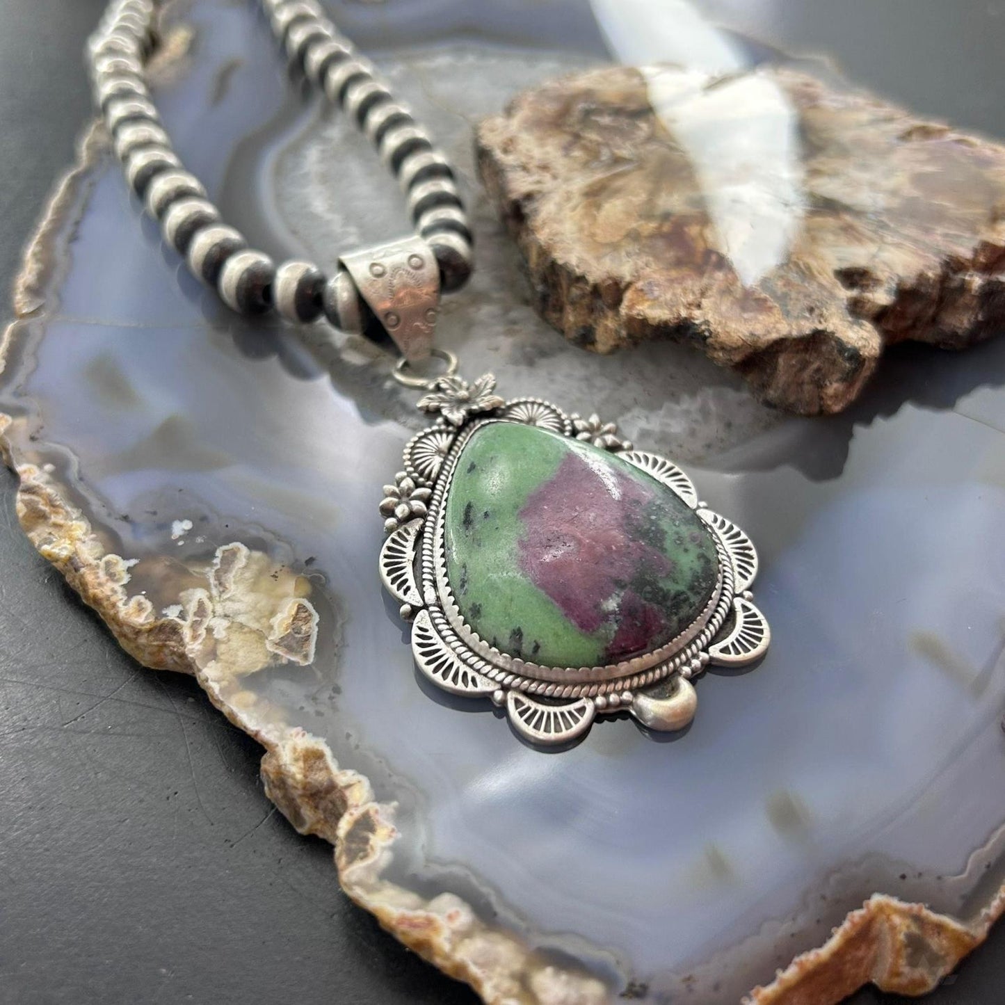 Sterling Silver Southwestern Style Teardrop Ruby Zoisite Pendant For Women