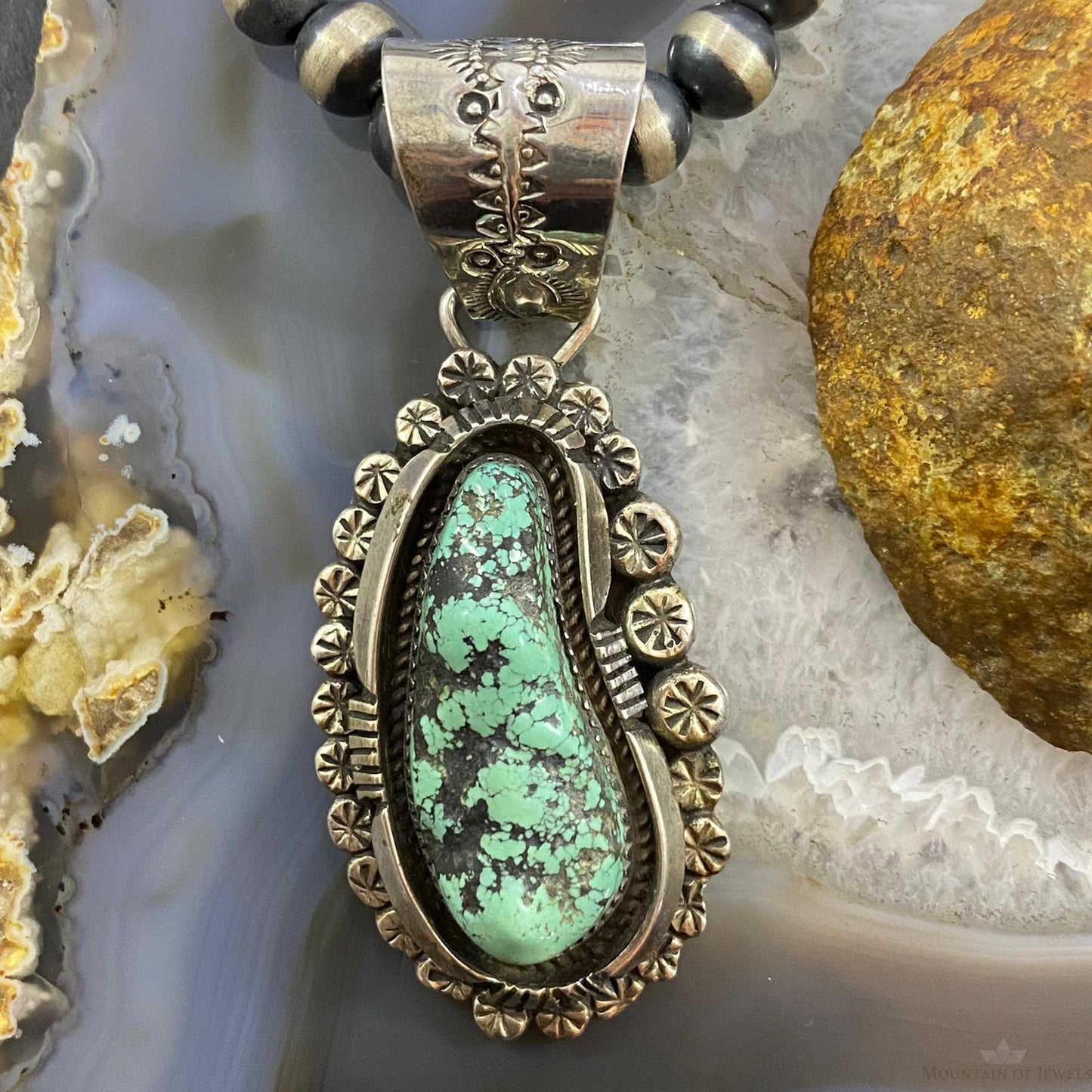 Native American Sterling Silver Green Kingman Turquoise Decorated Pendant