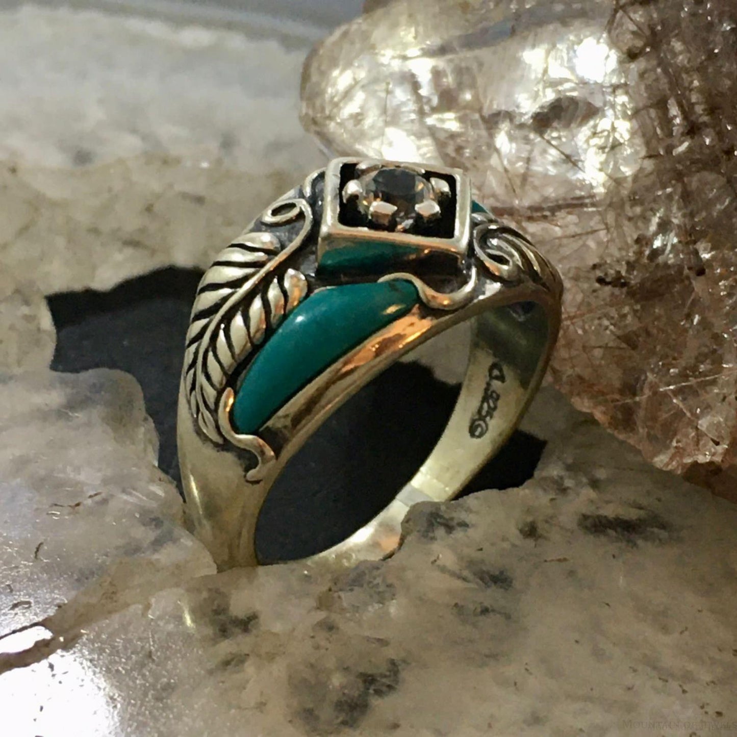 Carolyn Pollack Southwestern Style Sterling Silver Turquoise & White Topaz Decorated Ring