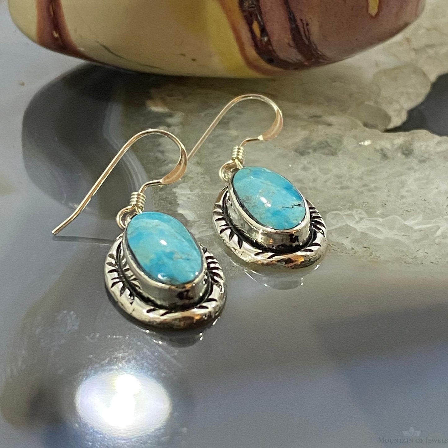 Native American Sterling Oval Blue Ridge Turquoise Dangle Earrings For Women